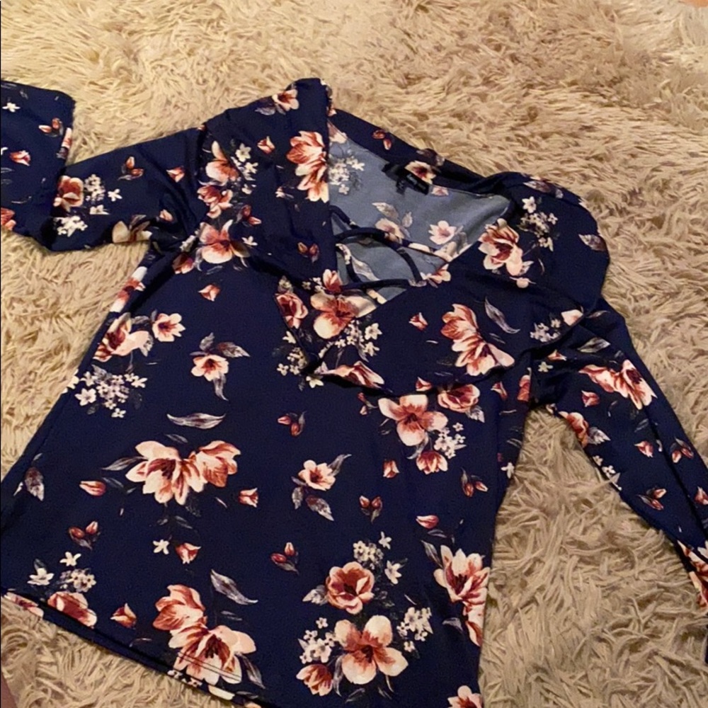Navy Floral crisscross front ruffle top